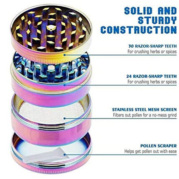 Rainbow Herb Mills 4 deler sinklegering Pollen Krydderkvern 40mm 1.5inch