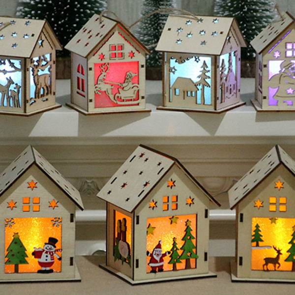 LED Ljus Lampa Jul Trä Hus Träd Hängande A-7X7X9CM