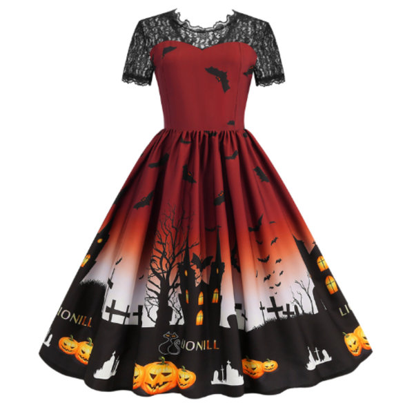 Naisten pyöreäkauluksinen rento Halloween-mekko red M