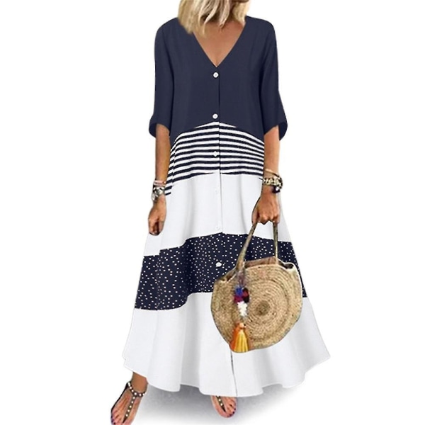 Kvinder Halværme Colorblock Kjole V-hals Lang Kaftan Kjole Dark Blue 3XL