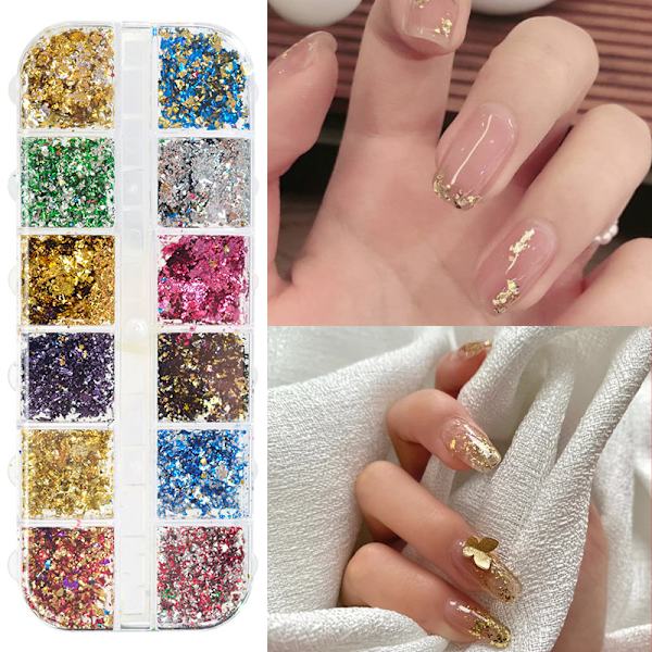 Nagelpaljetter, Nageltorkade blommor, Shiny Foil Nailspån, Nail Art Sunmostar