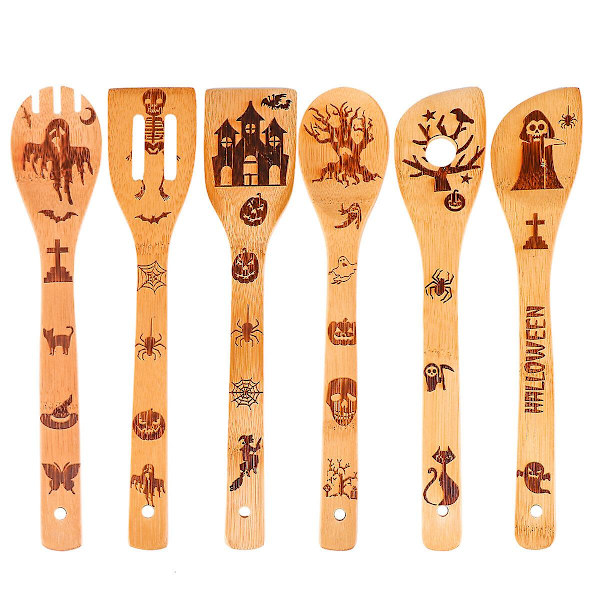 6 st miljövänlig matlagningsspatel i trä Kök Halloween carving set (30x6x2cm, naturlig träfärg)