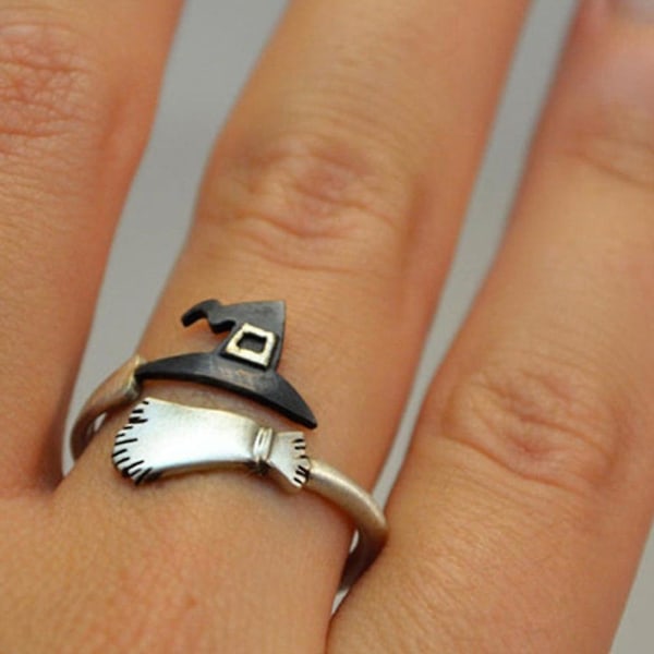 Söta kvinnor halloween häxa hatt kvast öppna finger ring justerbar smycken gåva US 6