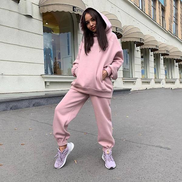 2-delad Hoodies Set Enfärgad Pullover Sweatshirt & Sweatpants Tjock träningsoverall Pink M