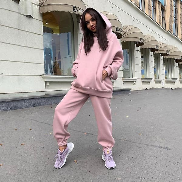 2-delt Hoodies Sæt Ensfarvet Pullover Sweatshirt & Sweatpants Tykt træningssæt Pink M