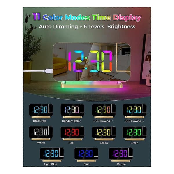Projektionsvækkeur, 7,4 tommer LED spejl digitale ure display, +180 roterbar projektor, natlys guld