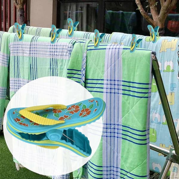 Strandhåndkleklemmer til stol, Jumbostørrelse klesklyper i plast til solseng, Sikre klemmer til strandstoler (Flip-flops 2 STK)