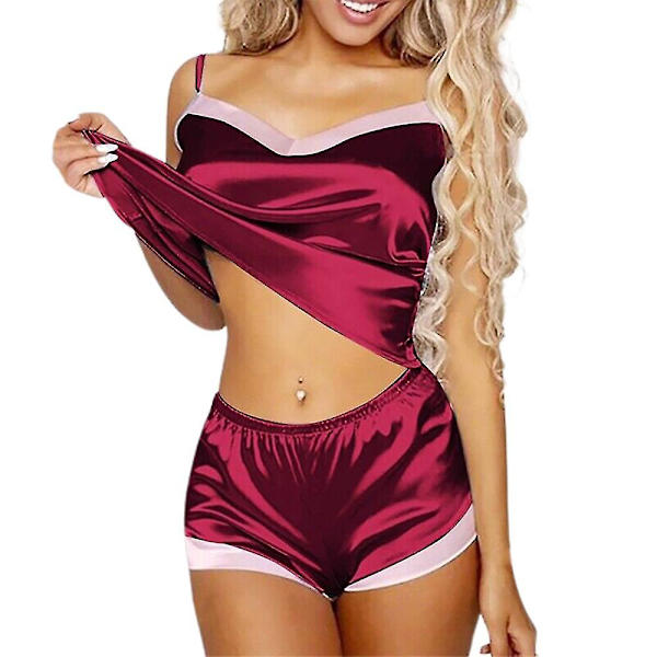 Naisten satiinisilkkinen pitsi Cami alusvaatteet shortsit yöasut nukke pyjama yöasut setti monivärinen valinnainen wine red M
