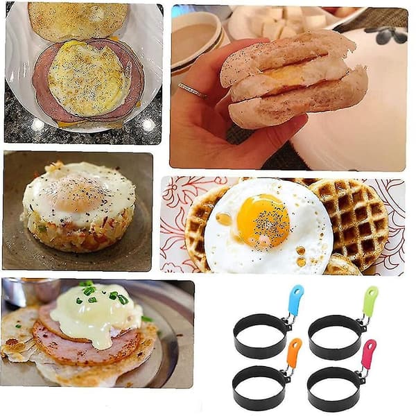 4 stk Eggring Form Omelett Crumpet Ring Rundt Rustfritt Stål Med Silikonhåndtak Blue