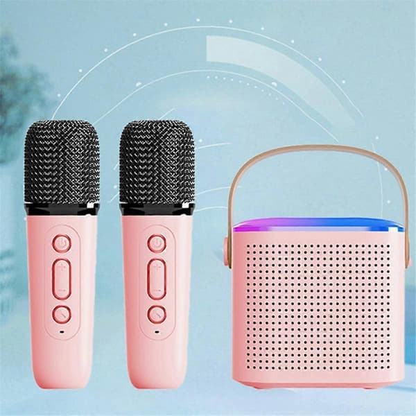 Bärbart Bluetooth 5.3 högtalarsystem med 2 trådlösa mikrofoner Hemmasånghögtalare Rosa