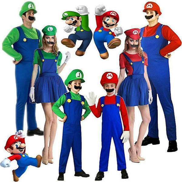 Super Mario uigi Bros Dräkt, Vuxen Barn Klassisk Rörmokare Fancy Dress, Halloween Jul Cosplay Party Outfit För Kvinnor Män Pojke Tjej Men Red L