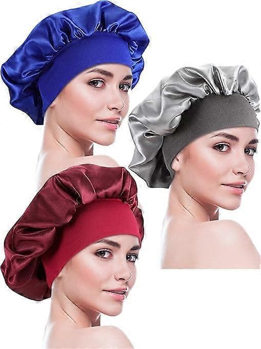 3 Stykker Sovehætte Satin Bonnet Nattehovedbeklædning Sovende Bløde Hårturbaner til Kvinder og Piger (Sølv Vinrød Kongeblå)