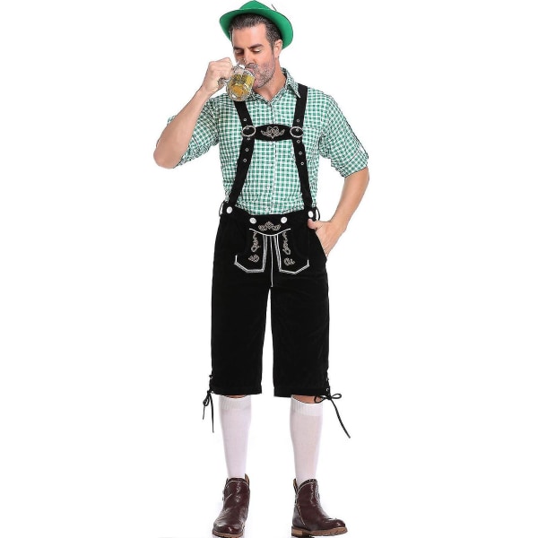 Bayersk Oktoberfest- set för män för utklädningsfest och ölfestival - Traditionell ederhosen, skjorta och hatt för Halloween-kostym Green L