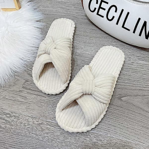 1 par kvinders mode sløjfe slip-on hjemmesko bløde fleece letvægts indendørs udendørs sko, råhvid, EU40
