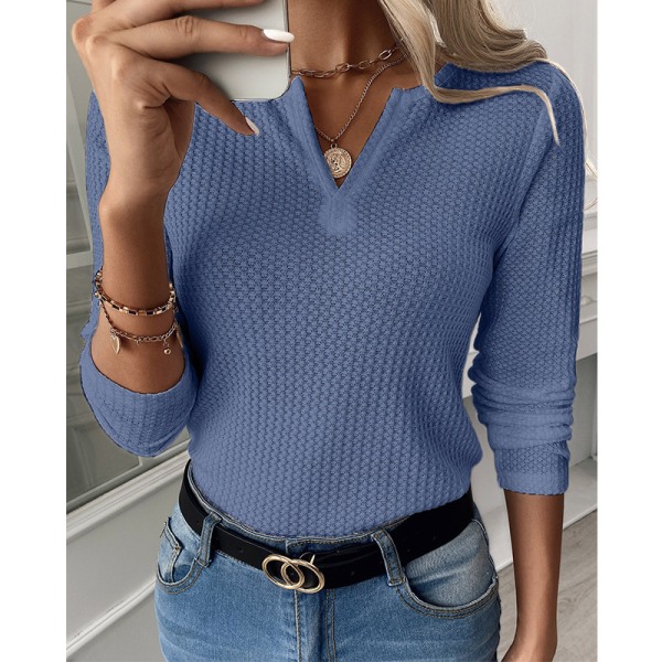 Langærmet V-hals tunika til kvinder til at bære med leggings Loose Fit vaffelstrikkede trøjer blue M