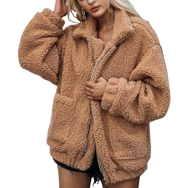 Lyhyt fleece-neuletakki naisille, pitkähihainen taskuilla brown XXL