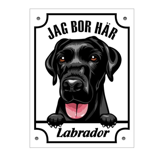 Plåtskylt Jag bo här Labrador Kikande hund skylt svart white