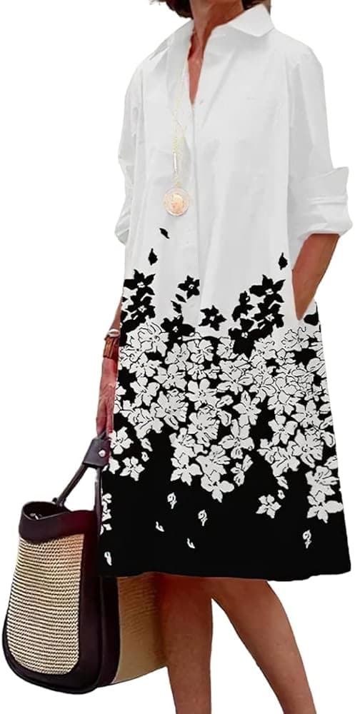 Langermet linskjorte for damer med enkel trykt Button Down Shirt Kjole Plus Size Løs