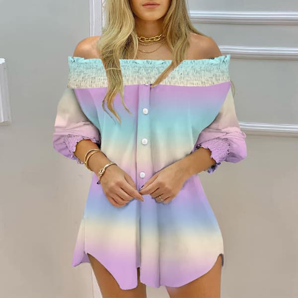 Dameskjorte med stribet print Dame langærmet bluse off Shoulder Pattern 2 L