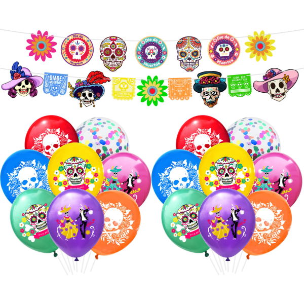 2-PACK Mexikansk Day of the Dead Animal Skull Ballong Flagga Flagga Day of the Dead Dekorationstillbehör för Halloweenfest 8 mixed colors