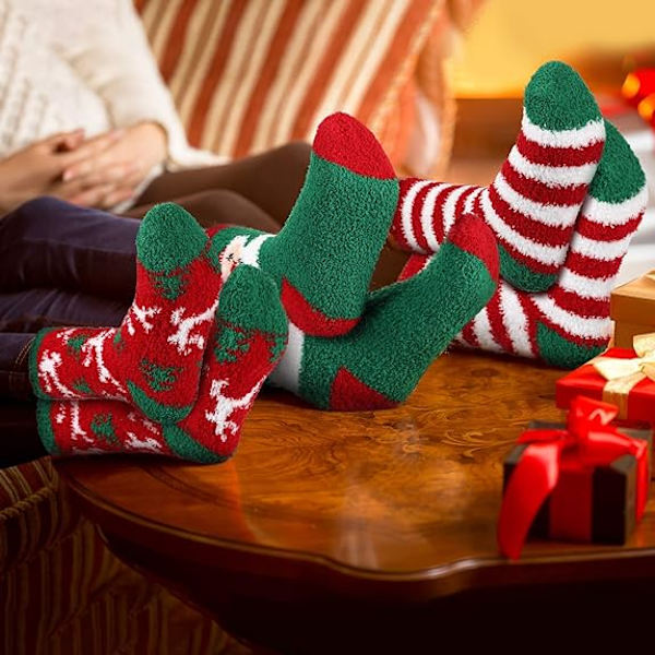 8 par plysjulestrømper til voksne, plyshtøfler, Xmas So