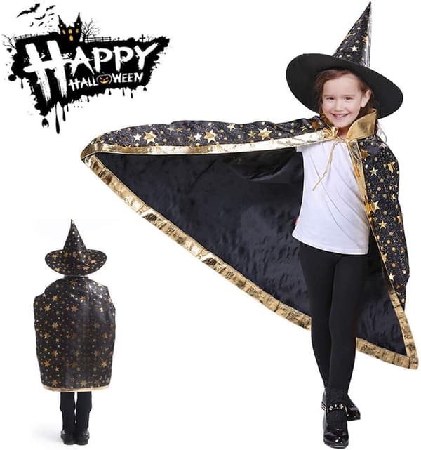 Barn Halloween kostym, Witch Wizard Kappa med hatt för Magie Schwarz