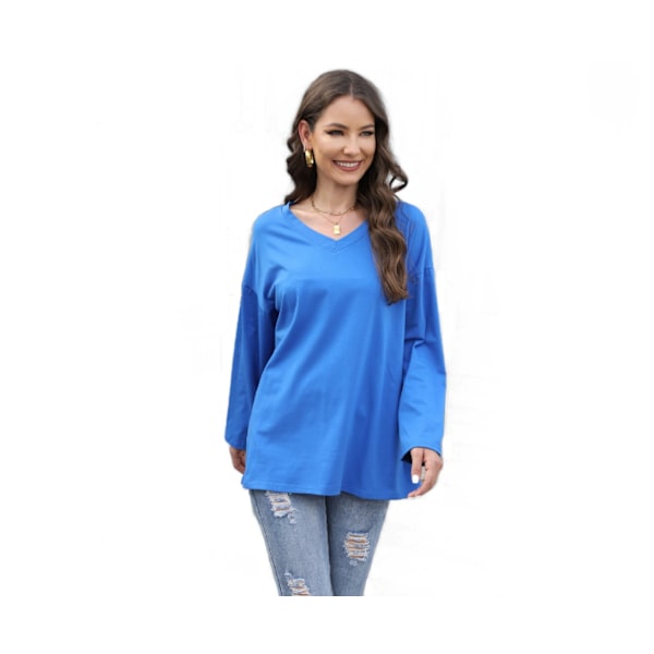 Løs Drop Shoulder Sleeve V-Neck Solid Topp XL