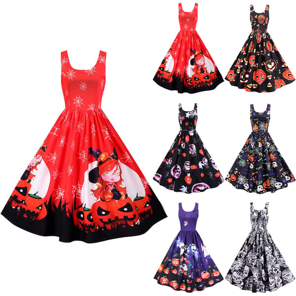 Dame Ærmeløs Halloween Festkjole Rockabilly Swing ress D M