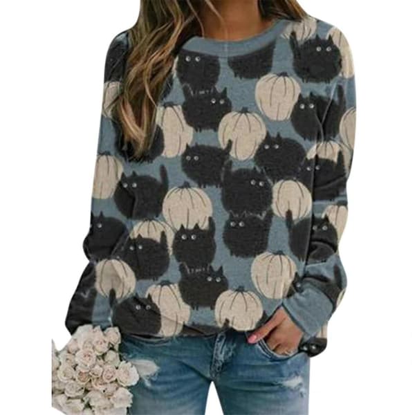 Halloween Gresskar Kattetrykk Langermet genser Pullover 2XL Blue