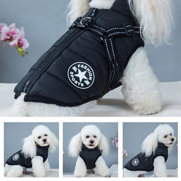 Vinter hundjacka med sele Hundvarma kläder Vattentät black S