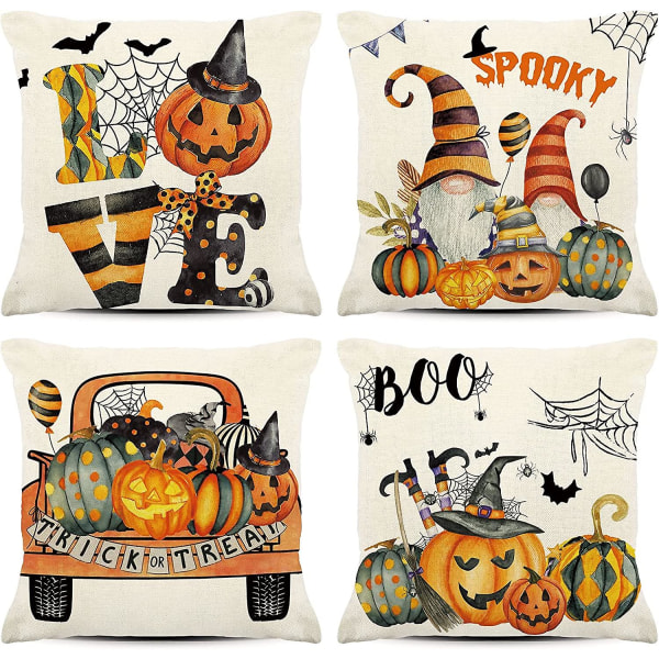 Halloween tyynynpäälliset, 4 kpl, 45x45 cm, syksyinen akvarelli kurpitsa tonttu loma-sisustus kodintekstiilit heittotyynynpäälliset sänkyyn sohvalle loma-aikaan
