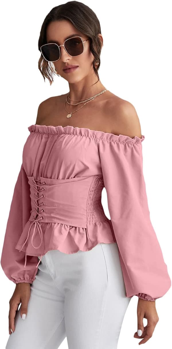 Off Shoulder Ruffle Peplum Korsett Damer Rynkade Puff Långärmade Toppar Blus