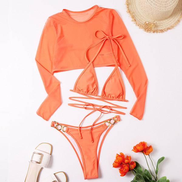 Pustende dame øyegudinne tredelt badedrakt Bikini Langermet mesh Bikini Perfekt for vannaktiviteter Black M
