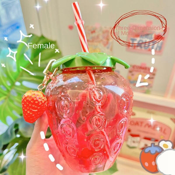500 ml Strawberry Straw Cup, söt mjölktekopp, bärbar
