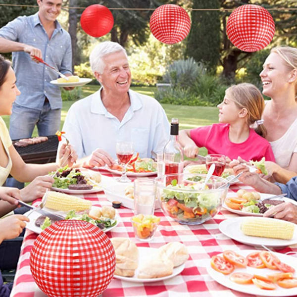 5 styk papirlanterner dekorative runde kinesiske hængende lanterne Let at samle til bryllup Baby fødselsdagsfest lampeskærm Red plaid