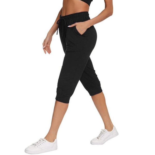 Dam Capri Byxor Elastisk midja Enfärgad Yoga bomull Byxor Black L