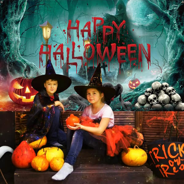 Vihreä Halloween-taustabanneri - kurpitsalepakkojen hautausmaa