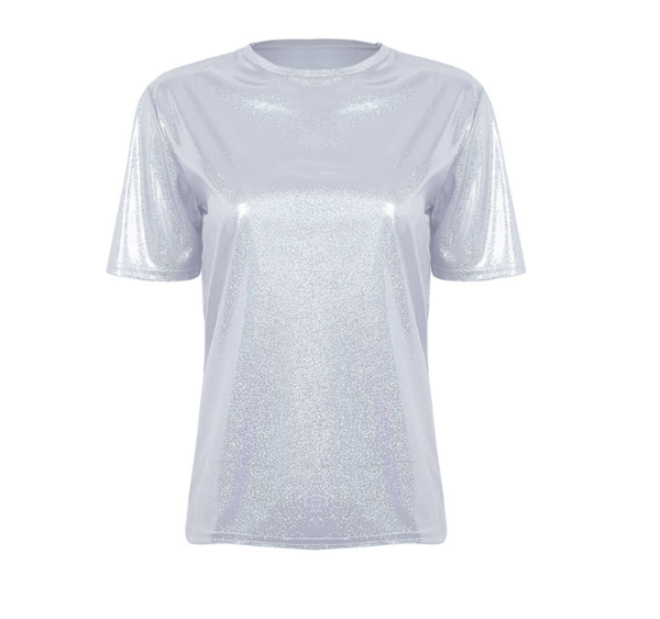 Dam T-shirts Metallic Top Crewneck glänsande T-shirts silver L