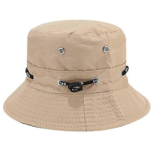 Solhette med bred brem med hakestropp, sideknapper og ventilasjonsåpninger (Khaki)
