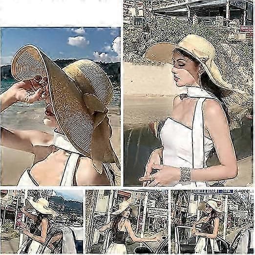 Kvinders 5,5 tommer stor sløjfe stråhat stor floppy foldbar rulle op strandkasket solhat UPF 50+