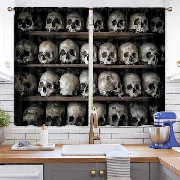 Köksgardiner Skull Halloween Topper Kort Panel Dekor Draperier Style-6 W:28"x H:47"*2 Panels