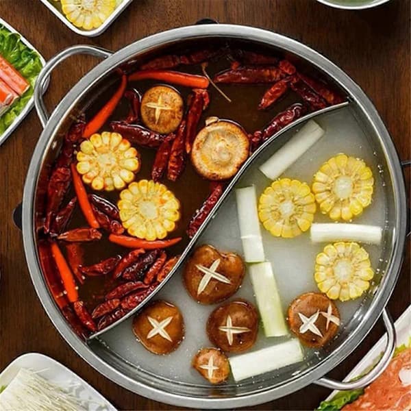 Rustfrit stål dobbelt opdelt hotpot-komfur, gaskompatibel gryde til hjemmekøkken, suppegryde, 32 cm
