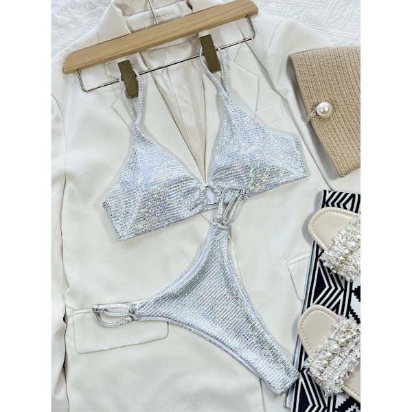 Dam O-Ring String Bikini Baddräkt Fräck-Thong-Badkläder Tvådelad Baddräkt Shiny-Bikini Set för strandkläder Silver M