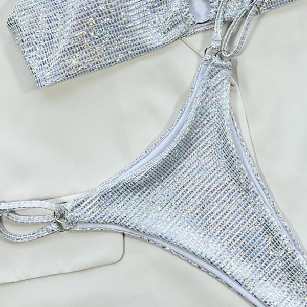 Dam O-Ring String Bikini Baddräkt Fräck-Thong-Badkläder Tvådelad Baddräkt Shiny-Bikini Set för strandkläder Silver L