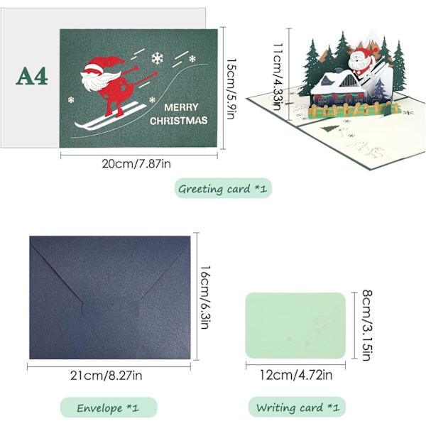 3D Pop Up -joulukortti, kaunis joulupukki-onnittelukortti kirjekuorella (hiihto)