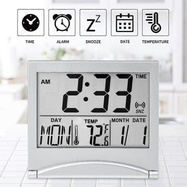 2 stk. digitalt rejsevækkeur, foldbart LCD-ur med kalender, temperatur, snooze-tilstand, bærbart