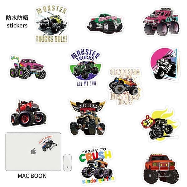 100 kpl monsteriauto-tarroja, kuorma-autotarrat lapsille, monsteritarrat vesipulloihin