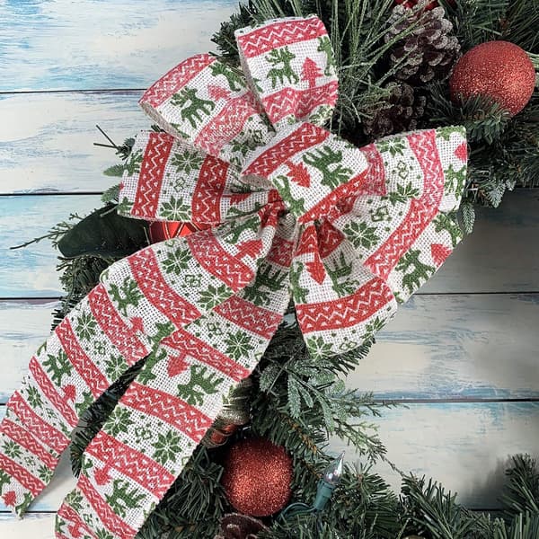 Röd Vit Grön Fair Isle Christmas Bow - 10" bred, 18", julgranstopper