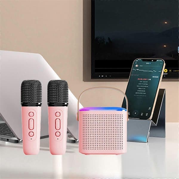 Kannettava Bluetooth 5.3 -kaiutinjärjestelmä 2 langattomalla mikrofonilla, kotilaulukaiutin, vaaleanpunainen
