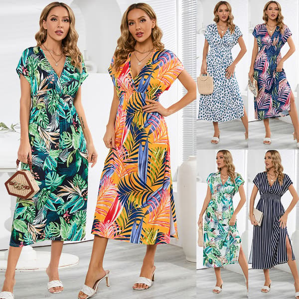 Mode Batman Sleeve V-hals Backless Strap Dress Sommar Printed lång kjol blue L